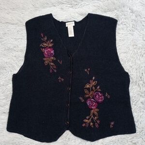 Vintage Koret Sweater Womens XL Petite Blue Wool Blend Cardigan Floral Button Up